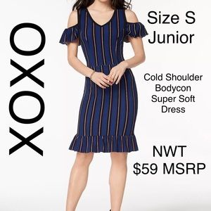 5/$15💥 XOXO S Junior Striped Bodycon Dress Cold Shoulder Ties Ruffles